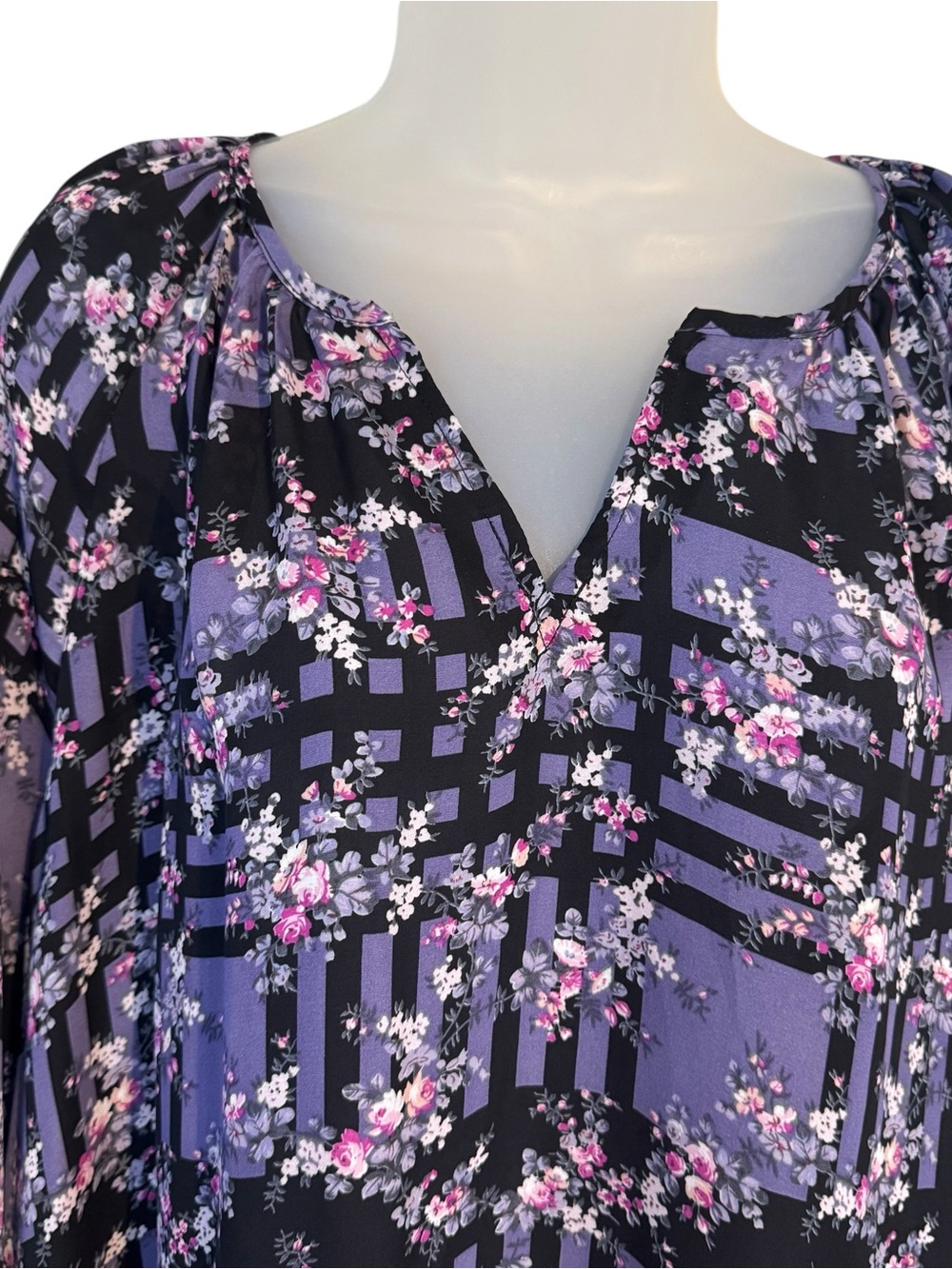 Purple and Black Floral Geometric Blouse PLUS SIZE: 2X BIN#14 - Picture 2 of 7